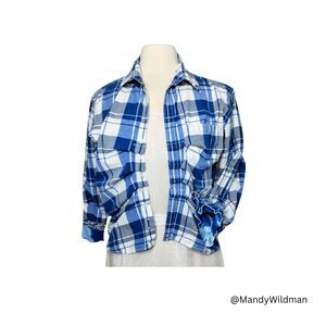 Upcycled boyfriend shirt. Blue and white plaid. Ruffle blouse. Size S. Unique.